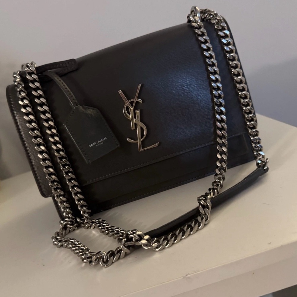 Yves Saint Laurent Dark Leather Crossbody with Silver Chain